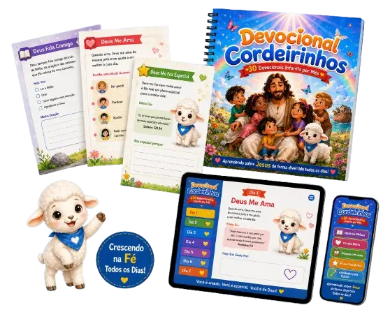 Mockup do Devocional Cordeirinhos: apostila impressa, folhas de atividades e versão digital