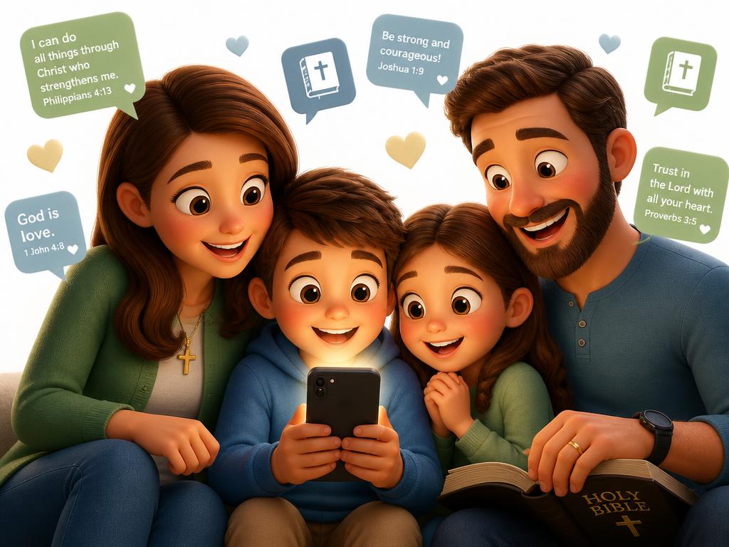 Ilustração de pais e filhos felizes participando da comunidade cristã no celular